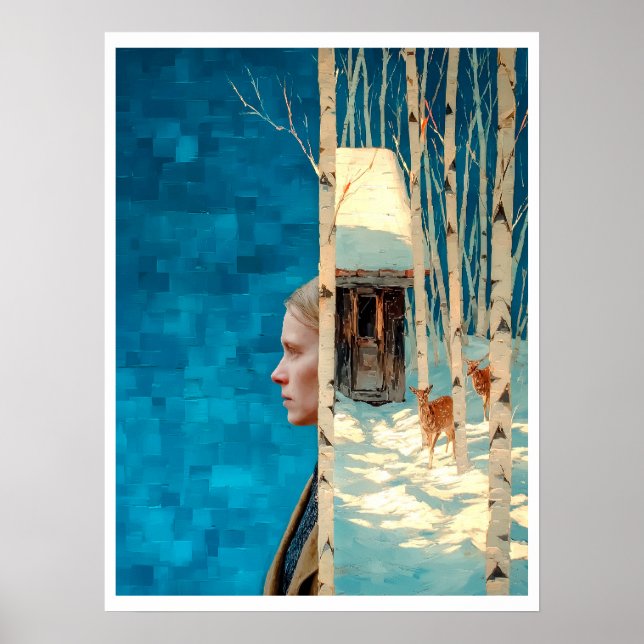 Frau und Hirsche im Schneeburwald durch Hütte Poster (Vorne)