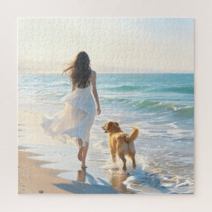 Frau und Hund beim Spaziergang am Strand bei Sonne Puzzle