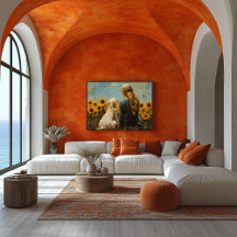 Frau und Hund mit Sonnenblumen - Ölgemälde