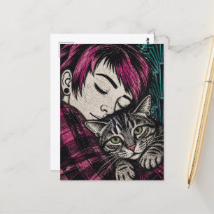 Frau und ihre Katze Holzschnitt Postkarte