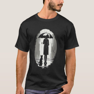 Frau und Katze im Regen mit Vintage-Regenschirm Ca T-Shirt