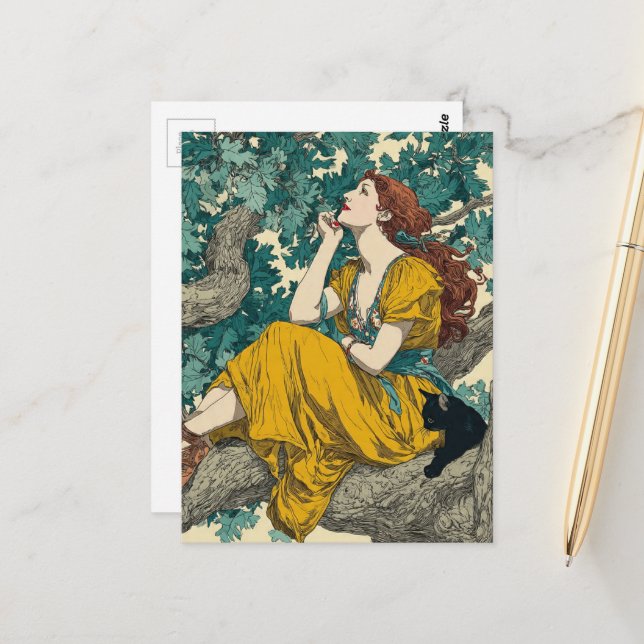 Frau und Katze in einem Baum Postkarte (Vorderseite/Rückseite Beispiel)