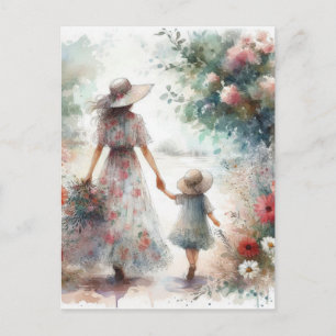 Frau und Kind im Blumengarten zum Muttertag Postkarte