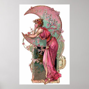 Frau und Mond, Art Nouveau, romantisch vintage Poster