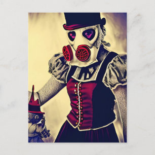 Frau und Puppe in Gasmaske Postkarte