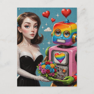Frau und Regenbogenroboter Postkarte