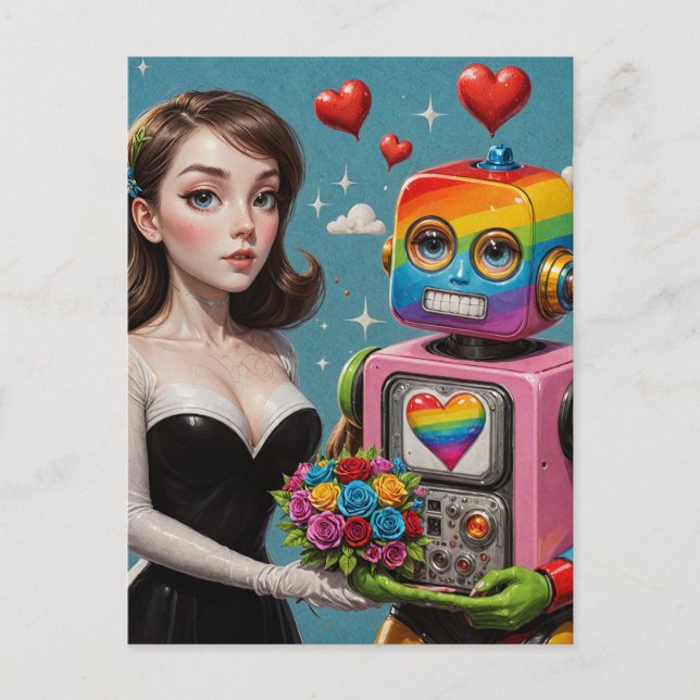 Frau und Regenbogenroboter Postkarte (Vorderseite)