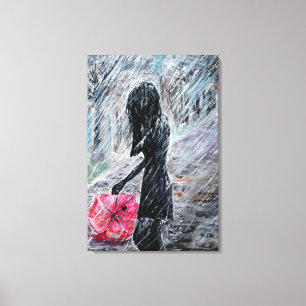 Frau und Regenschirm im Regensturm Leinwanddruck
