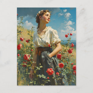 Frau und Rosen Vintage Postkarte