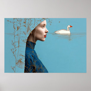 Frau und Schneegänse, minimalistische Linienkunst Poster