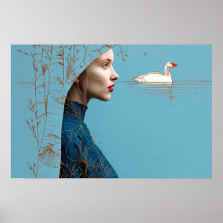 Frau und Schneegänse, minimalistische Linienkunst Poster