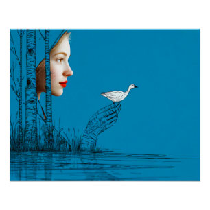 Frau und Schneegänse, minimalistische Linienkunst Poster