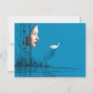 Frau und Schneegänse, minimalistische Linienkunst Postkarte