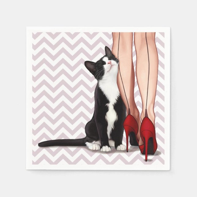 Frau und Tuxedo Katze Serviette (Vorderseite)