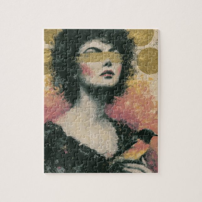 Frau und Vogel Mixed Media Collage Puzzle (Vertikal)