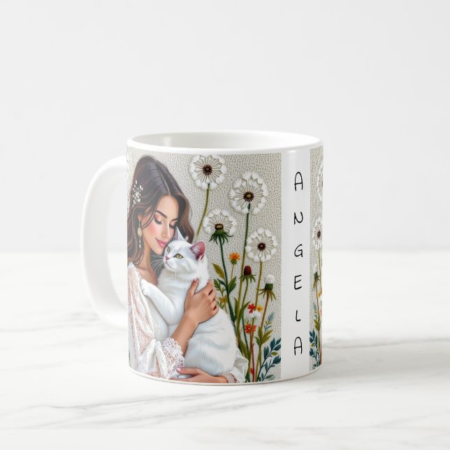 Frau und weiße Katze und Löwenzahn  Kaffeetasse (Vorderseite Links)