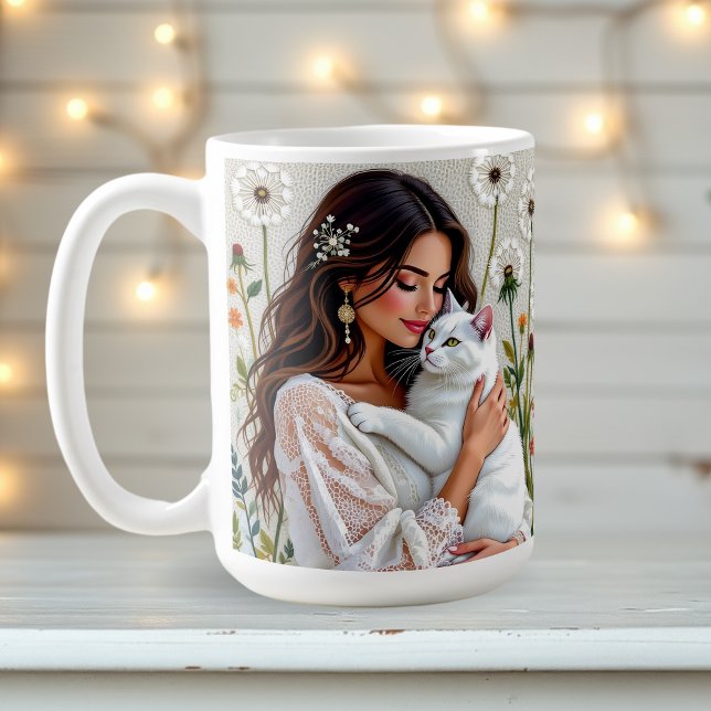 Frau und weiße Katze und Löwenzahn  Kaffeetasse (Von Creator hochgeladen)