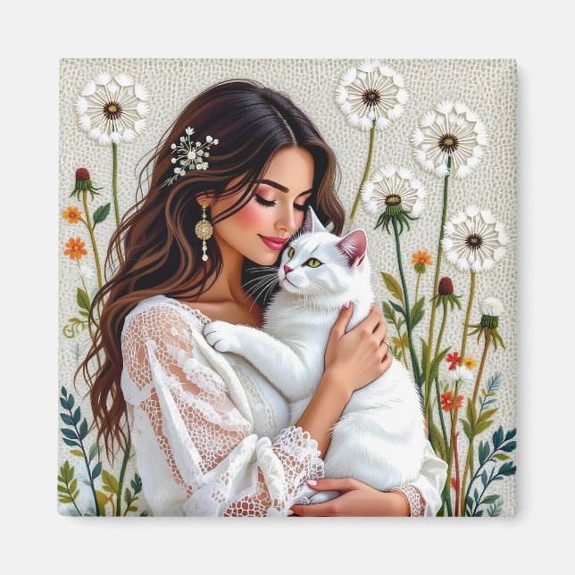 Frau und weiße Katze und Löwenzahn  Magnet (Vorne)