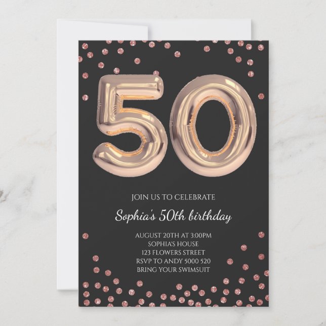 Frauen 50. Geburtstag 50 Rose Gold Elegant Einladung (Vorderseite)