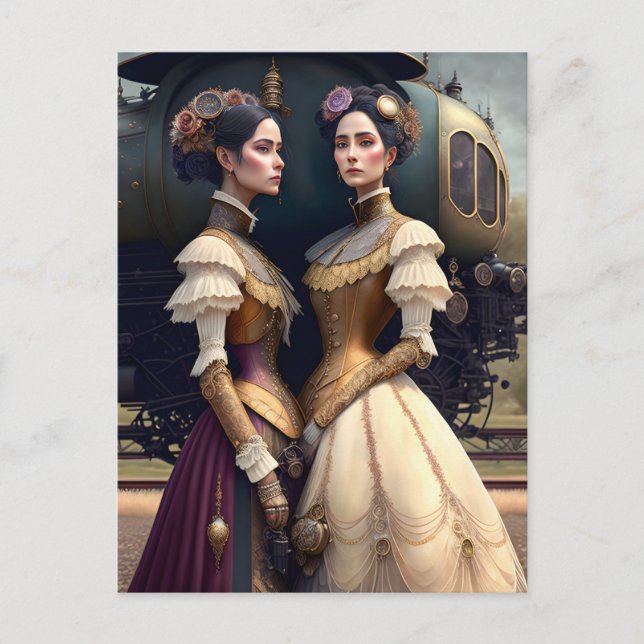 Frauen am Viktorianischen Steampunk-Bahnhof Postkarte (Vorderseite)