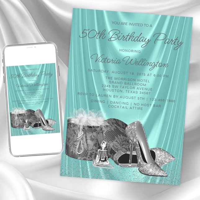 Frauen Aquamarin blaue Silberschuhe beliebiger Anz Einladung (Womans teal silver any birthday invitation. Instant download and printed invitations available.)