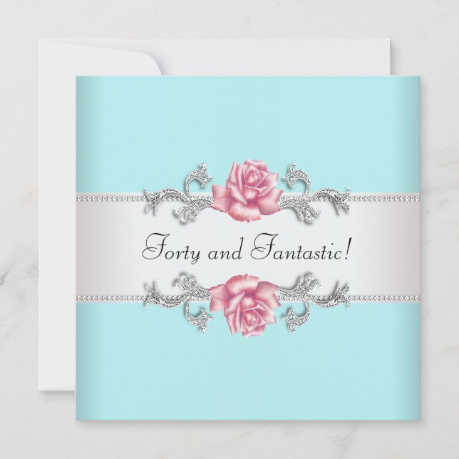 Frauen Aquamarin Rosa Rosen Elegant 40. Geburtstag Einladung (Vorderseite)