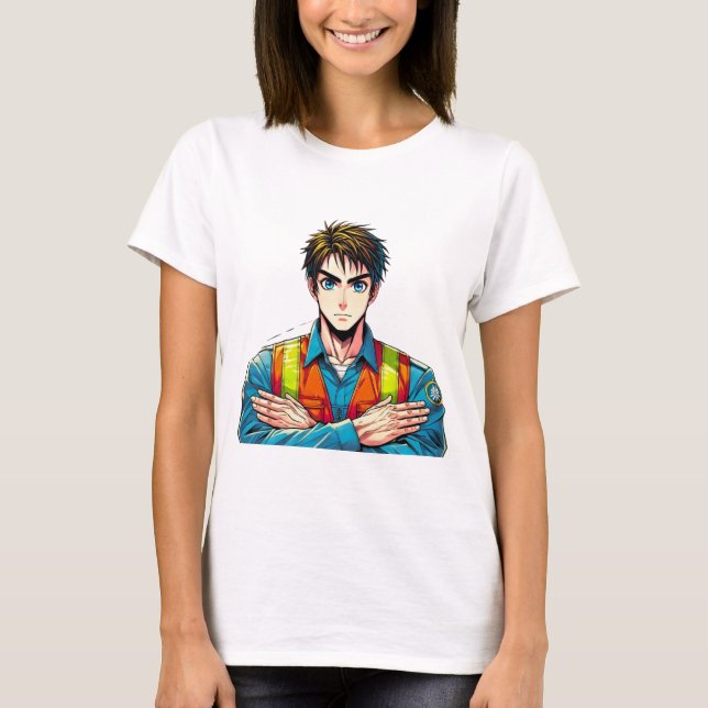 Frauen Basic T-Shirt mit Manga-Sicherheitsfachmann (Vorderseite)