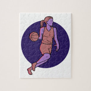 Frauen-Basketball-Spieler, der Monolinie Kunst Puzzle