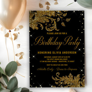 Frauen Black Gold Swirl Geburtstagsparty Einladung