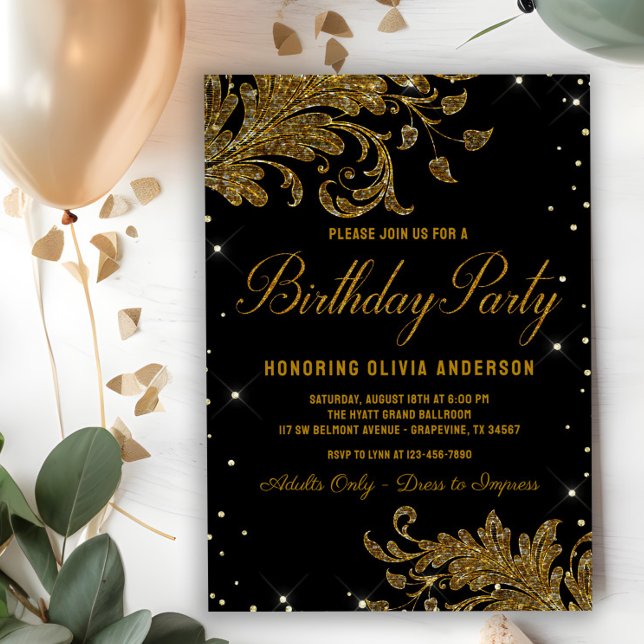 Frauen Black Gold Swirl Geburtstagsparty Einladung (Elegant black and gold any number birthday party invitation. Simply add your event details.)