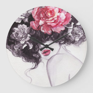 Frauen Blume, Aquarellbilder in Mode. Große Wanduhr