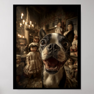 Frauen Boston Terrier Selfie Mit Y Puppen Gruselig Poster