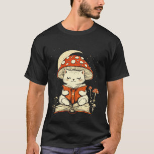 Frauen Cottagecore Pilz Katze liest ein Buch T-Shirt