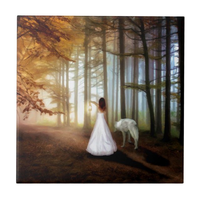 Frauen, die mit einem Wolf laufen Fliese (Vorderseite)