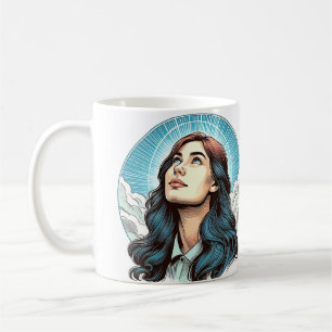 Frauen, die nach einer himmlischen Farbdarstellung Kaffeetasse