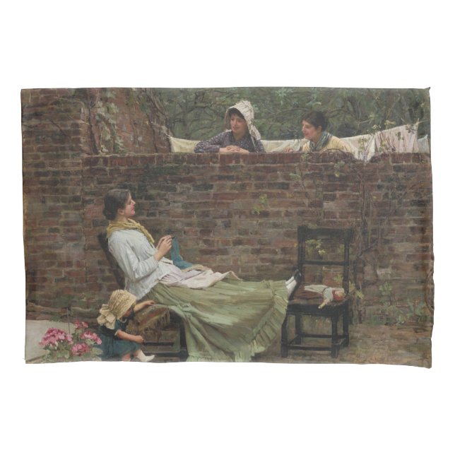 Frauen, die über der Gartenmauer chatten (Klatsch) Kissenbezug (Vorderseite-Links)