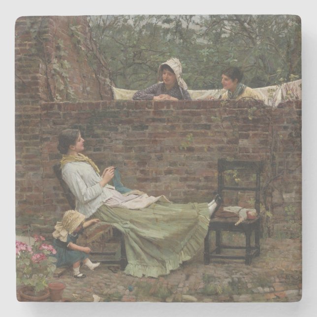 Frauen, die über der Gartenmauer chatten (Klatsch) Steinuntersetzer (Vorderseite)