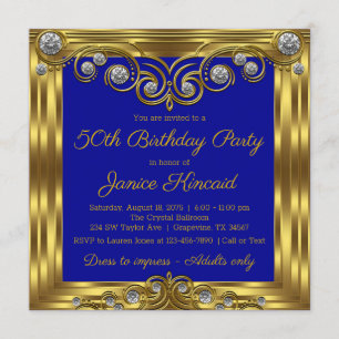 Frauen Elegante Royal Blue Gold Geburtstagsparty Einladung