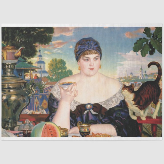 Frauen essen Wassermelone mit Katzenmalerei Seidenpapier (Vorderseite)