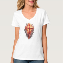 Frauen Flammendes christliches Kreuz V-Ausschnitt  T-Shirt