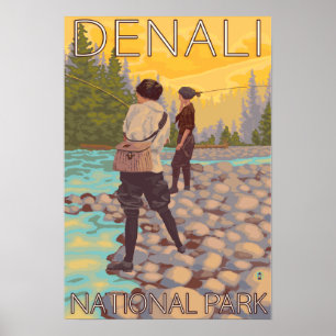 Frauen fliegen Fischen - Denali Nationalpark, Poster