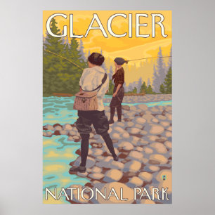 Frauen fliegen Fischen - Glacier Nationalpark, Poster