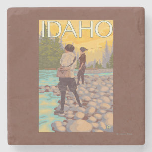 Frauen fliegen FishingIdahoVintage Reise-Plakat Steinuntersetzer