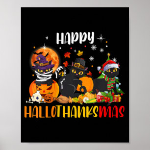 Frauen glücklich Hallothanksmas Shirt Black Cat Ha Poster
