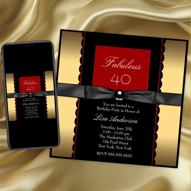 Frauen Gold Black and Red Birthday Party Einladung (Elegant any birthday or occasion invitation. Instant download and printed invitations available.)