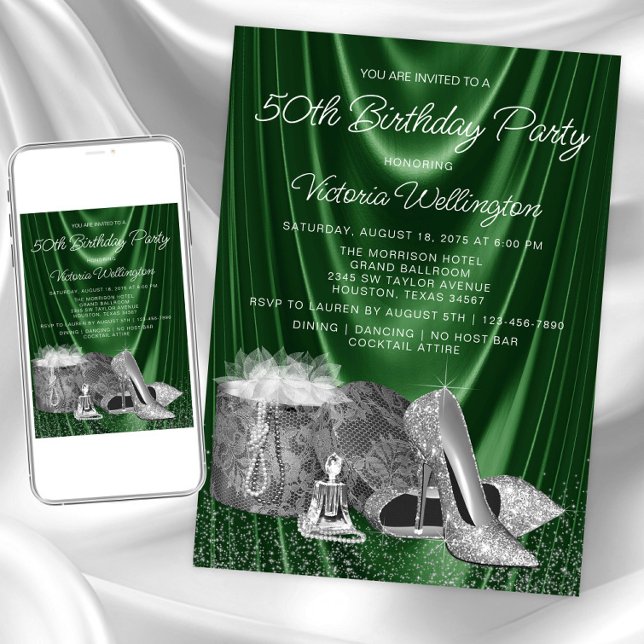 Frauen Grün Silberschuss irgendeine Zahl Geburtsta Einladung (Womans emerald green silver any event invitation. Instant download & printed invitations available.)
