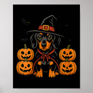 Frauen Halloween Dachshund Hund Hexenhut Kürbis Poster
