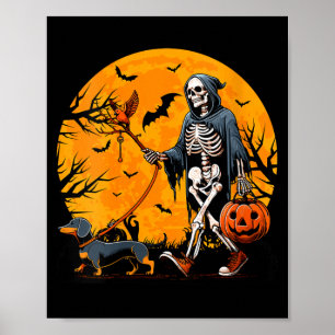 Frauen Halloween Hund Skelett führt Hund Halloween Poster
