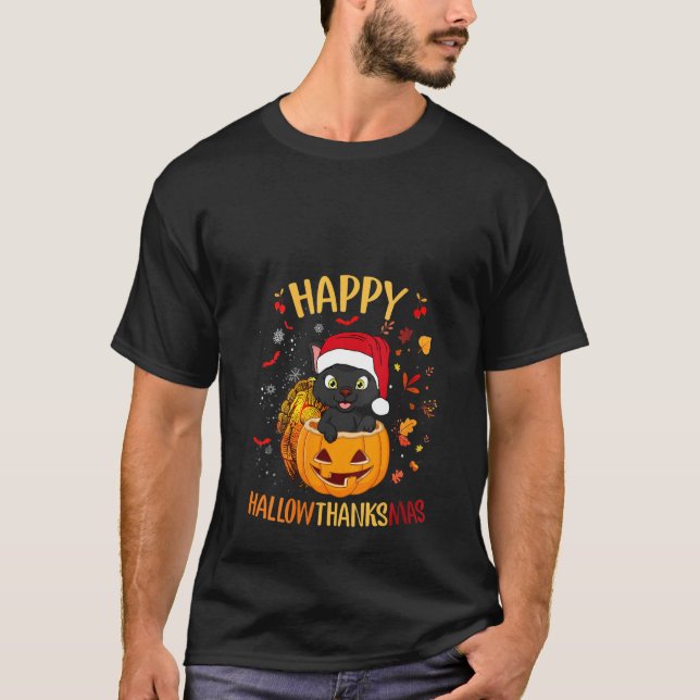 Frauen Happy Hallowthanksmas Black Cat Weihnachtsm T-Shirt (Vorderseite)