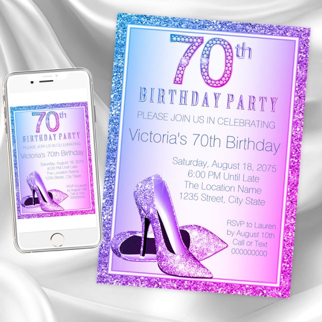 Frauen High Heel Shoe 70. Geburtstag Einladung (Womans 70th birthday party invitation. Instant download and printed invitations available.)